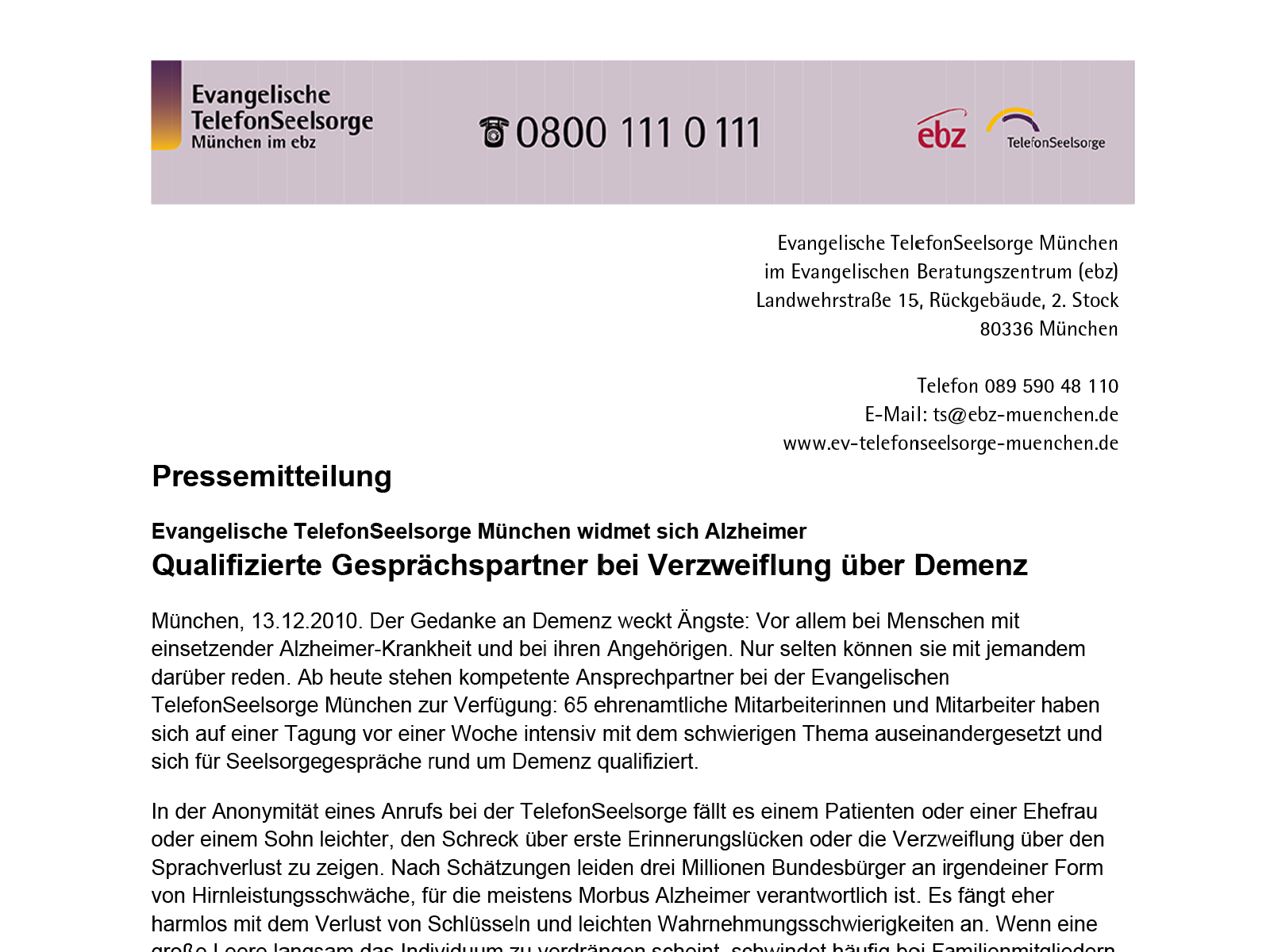 Pressemitteilung der Evangelischen TelefonSeelsorge München: Thema »Demenz«